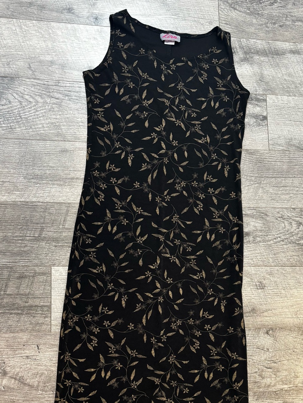 Vtg 90s Lira Floral Maxi Dress Women's M Black Beige Scoop Neck Sleeveless